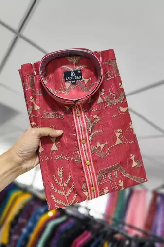 Red printed silk blend straight kurta