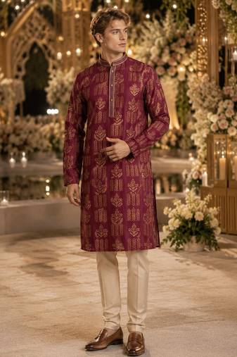 Purple printed silk blend straight kurta