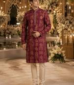 Purple printed silk blend straight kurta