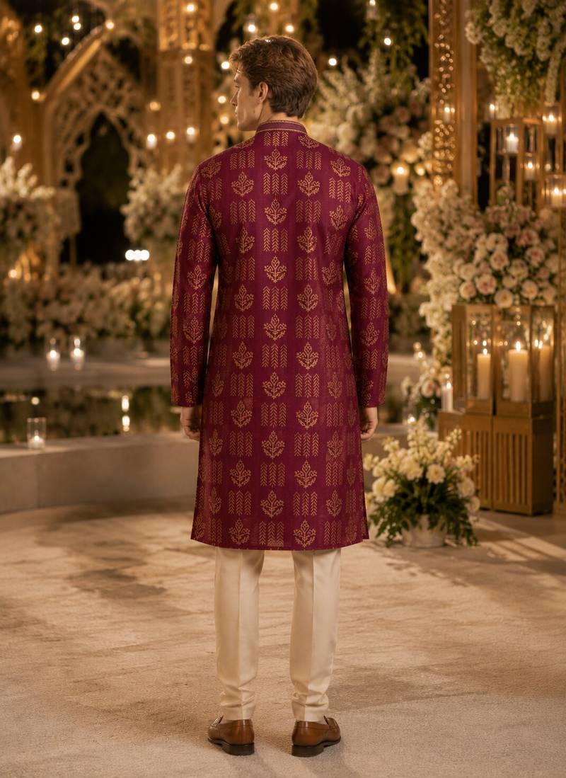 Purple printed silk blend straight kurta