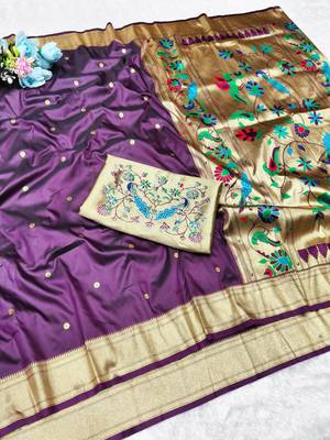 Wine zari woven paithani silk traditional saree with swarovski blouse piece 4