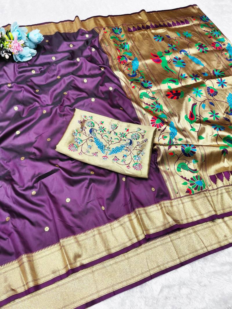 Wine zari woven paithani silk traditional saree with swarovski blouse piece