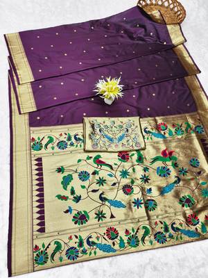 Wine zari woven paithani silk traditional saree with swarovski blouse piece 5
