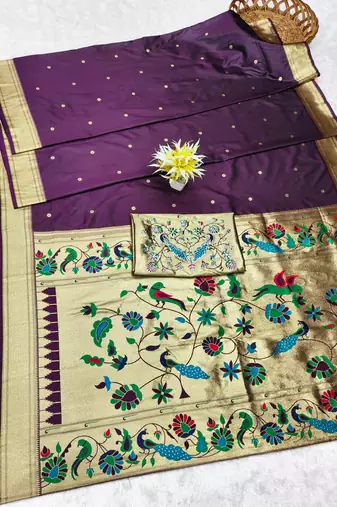 Wine zari woven paithani silk traditional saree with swarovski blouse piece