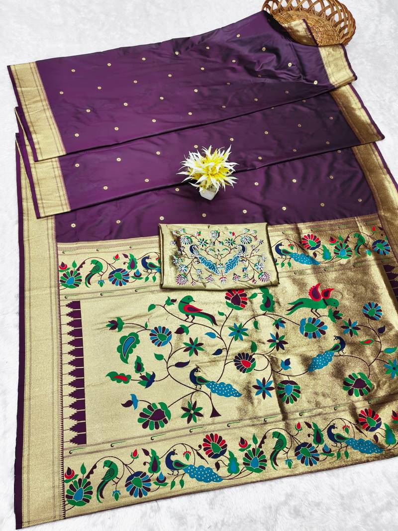 Wine zari woven paithani silk traditional saree with swarovski blouse piece