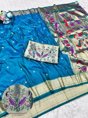 Rama zari woven paithani silk traditional saree with swarovski blouse piece 1