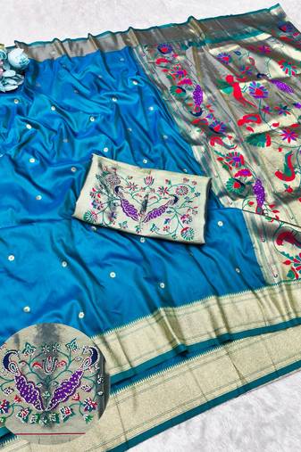 Rama zari woven paithani silk traditional saree with swarovski blouse piece