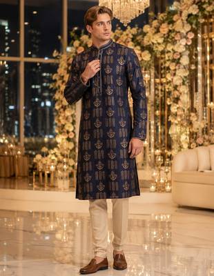 Blue printed silk blend straight kurta 1