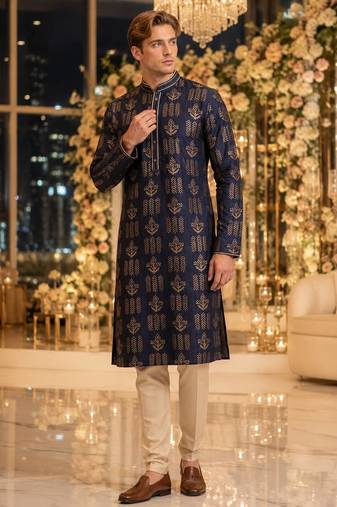 Blue printed silk blend straight kurta