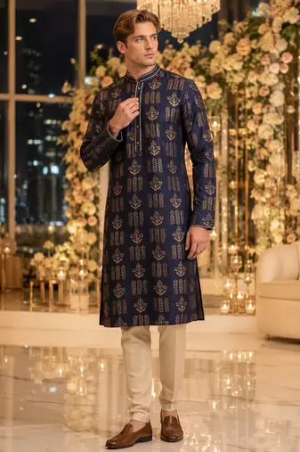 Blue printed silk blend straight kurta