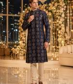 Blue printed silk blend straight kurta