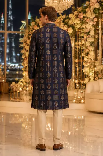 Blue printed silk blend straight kurta
