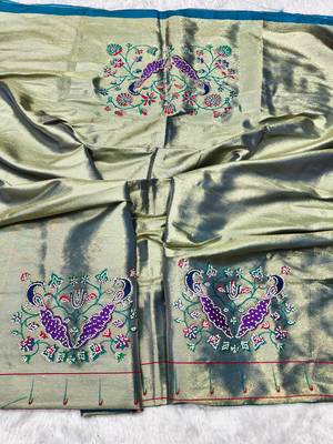 Rama zari woven paithani silk traditional saree with swarovski blouse piece 3