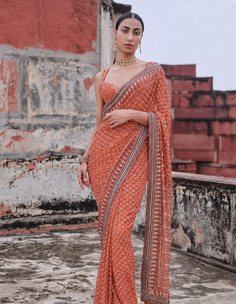 Light Orange Color Beautiful katdana and real mirror work Fox Georgette Saree