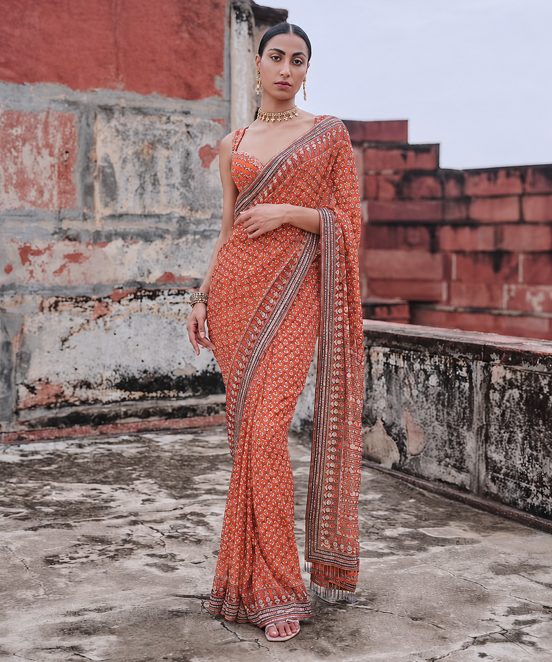Light Orange Color Beautiful katdana and real mirror work Fox Georgette Saree