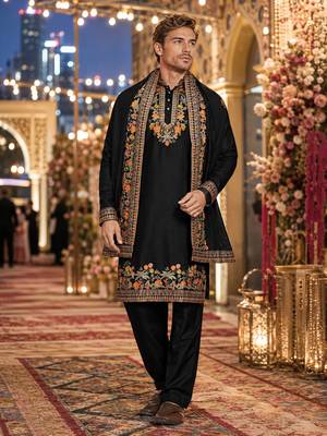 Black embroidered & sequence work silk blend straight kurta set 1