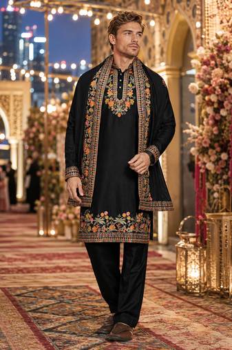 Black embroidered & sequence work silk blend straight kurta set