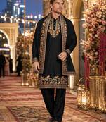 Black embroidered & sequence work silk blend straight kurta set
