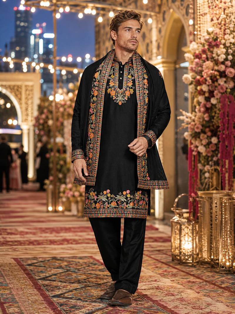 Black embroidered & sequence work silk blend straight kurta set