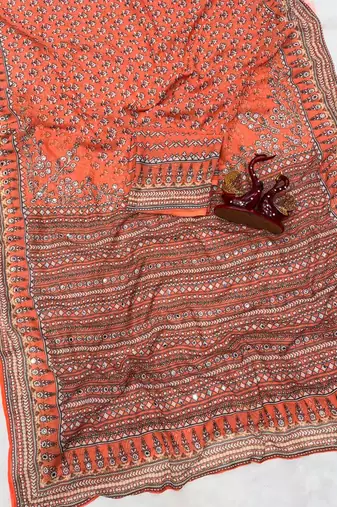 Light Orange Color Beautiful katdana and real mirror work Fox Georgette Saree