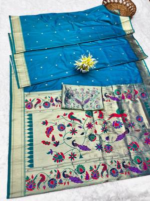 Rama zari woven paithani silk traditional saree with swarovski blouse piece 5