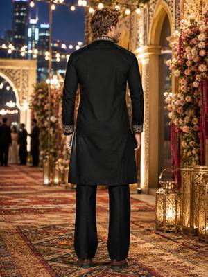 Black embroidered & sequence work silk blend straight kurta set 2
