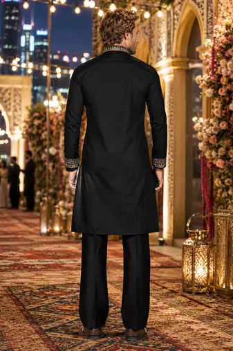 Black embroidered & sequence work silk blend straight kurta set