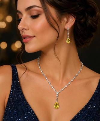 yellow pear cut crystal bridal jewellery set, silver-plated wedding necklace earrings 1