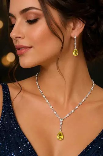 yellow pear cut crystal bridal jewellery set, silver-plated wedding necklace earrings