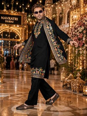 Black embroidered & sequence work silk blend straight kurta set 3
