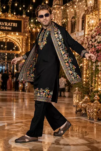 Black embroidered & sequence work silk blend straight kurta set