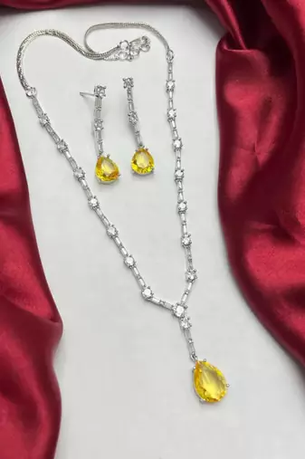 yellow pear cut crystal bridal jewellery set, silver-plated wedding necklace earrings