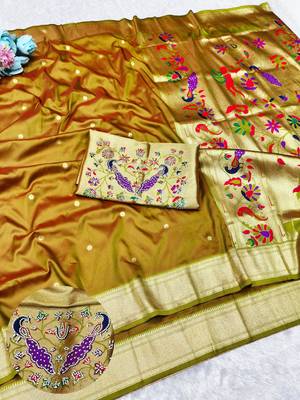 Gold zari woven paithani silk traditional saree with swarovski blouse piece 1