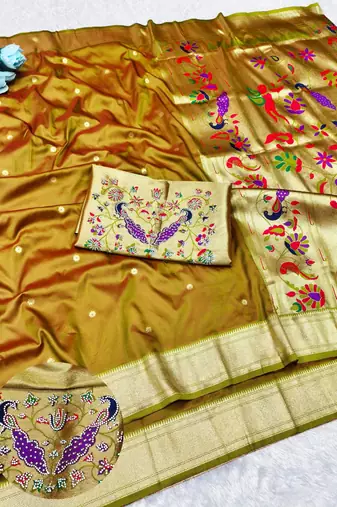 Gold zari woven paithani silk traditional saree with swarovski blouse piece