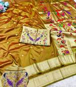 Gold zari woven paithani silk traditional saree with swarovski blouse piece