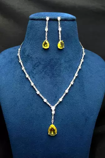 yellow pear cut crystal bridal jewellery set, silver-plated wedding necklace earrings