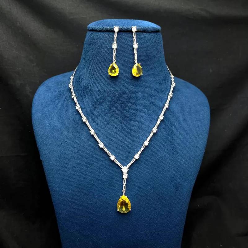 yellow pear cut crystal bridal jewellery set, silver-plated wedding necklace earrings