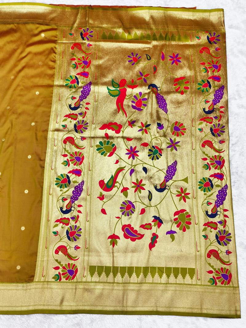 Gold zari woven paithani silk traditional saree with swarovski blouse piece