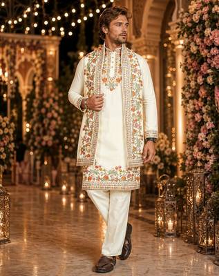 White embroidered & sequence work silk blend straight kurta set 1