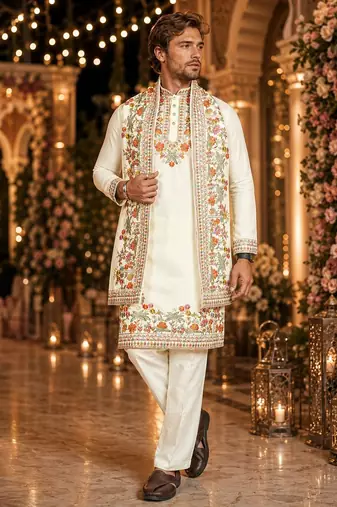 White embroidered & sequence work silk blend straight kurta set