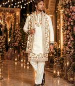 White embroidered & sequence work silk blend straight kurta set