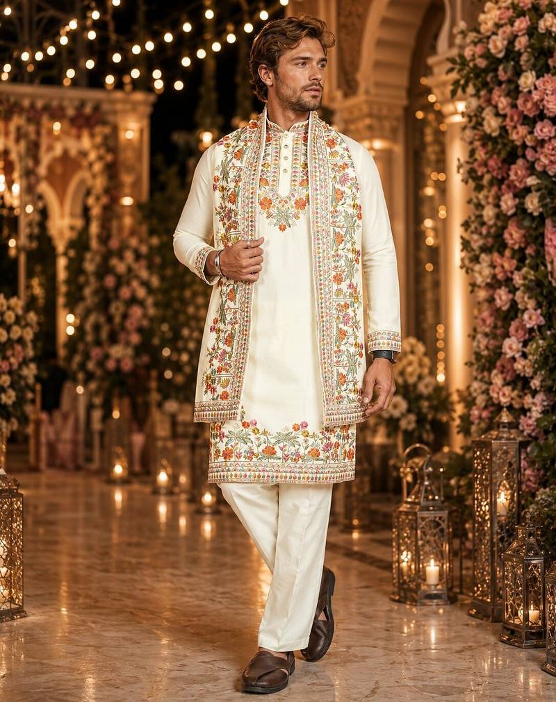 White embroidered & sequence work silk blend straight kurta set