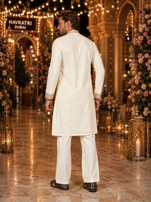 White embroidered & sequence work silk blend straight kurta set 2