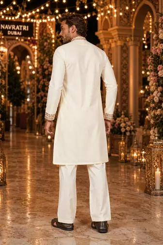 White embroidered & sequence work silk blend straight kurta set