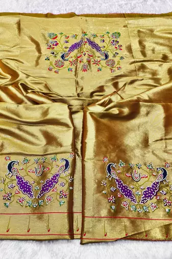 Gold zari woven paithani silk traditional saree with swarovski blouse piece