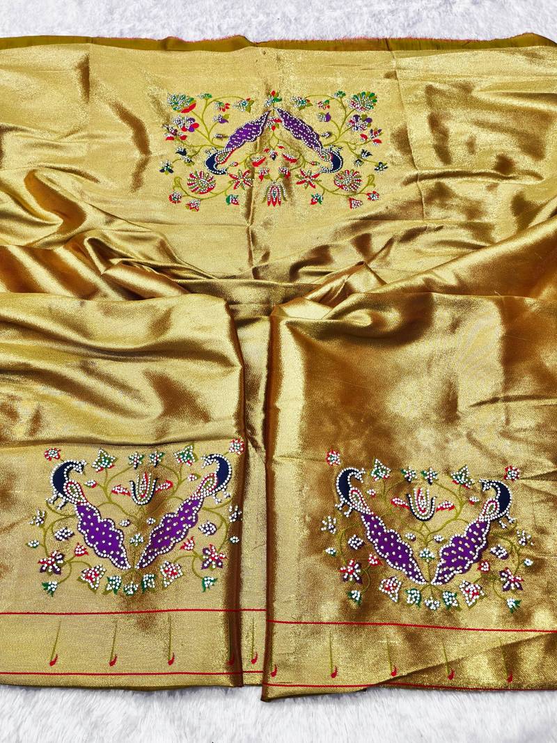 Gold zari woven paithani silk traditional saree with swarovski blouse piece