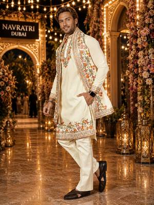 White embroidered & sequence work silk blend straight kurta set 3