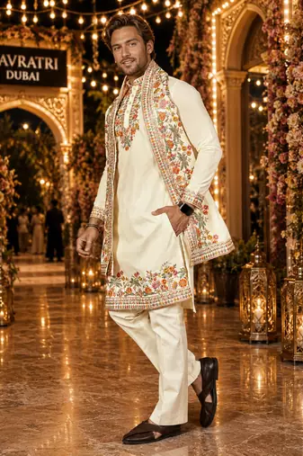 White embroidered & sequence work silk blend straight kurta set