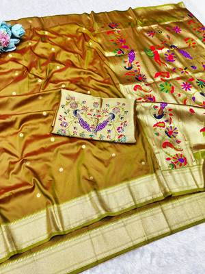 Gold zari woven paithani silk traditional saree with swarovski blouse piece 4
