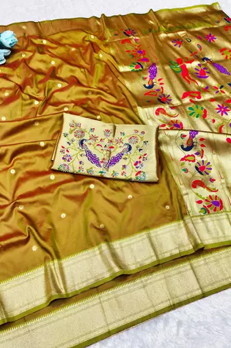 Gold zari woven paithani silk traditional saree with swarovski blouse piece